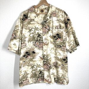 Pusser's West Indies Shirt Mens Large Tan Silk Cotton Hawaiian Camp Aloha Boat